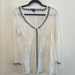 Lucky Brand Ivory Tunic with Navy Embroidery